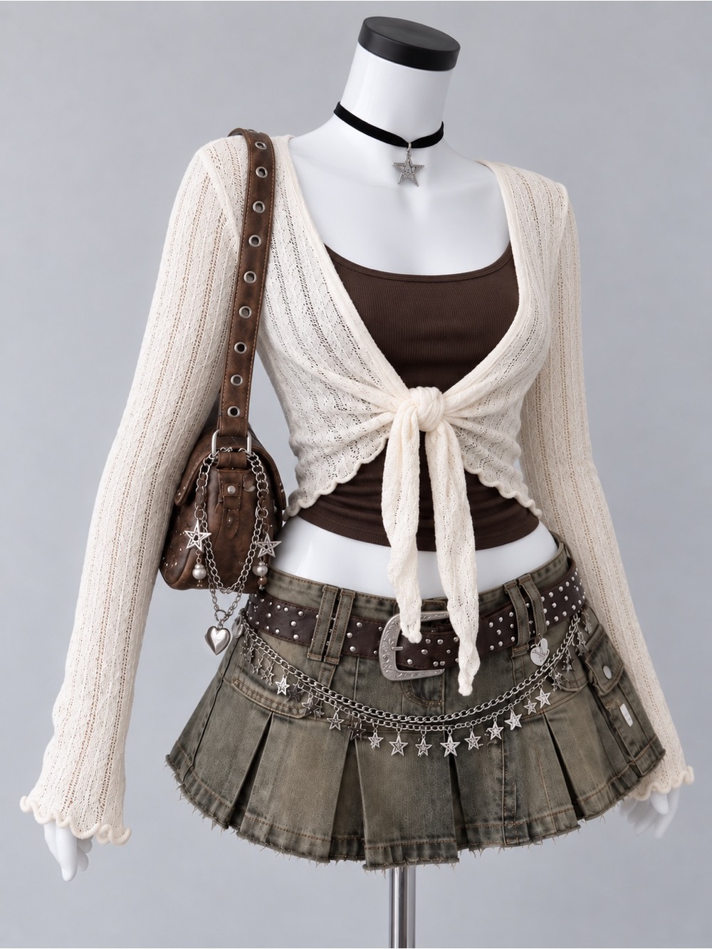 Feelings Vintage Open Knit Front Tie Cropped Cardigan - Cream / Off-White